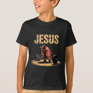 Camiseta Jesus engraçado levantando peso humor cristão acad