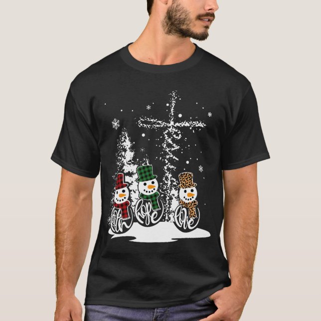Camiseta Jesus Faith Hope ama Snowman Engraçado Feliz Natal (Frente)