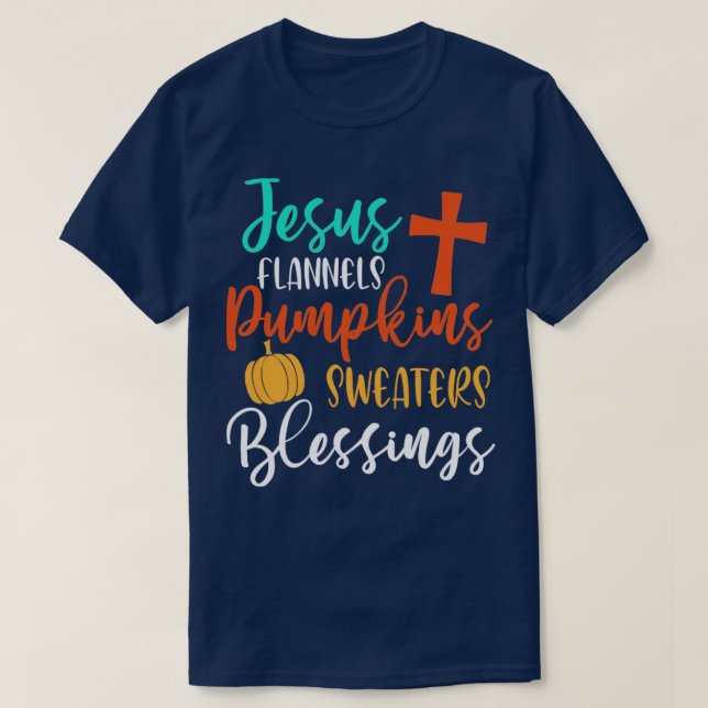 Camiseta Jesus Flannels Pumpkins Sweater Bênçãos Caiam (Frente do Design)
