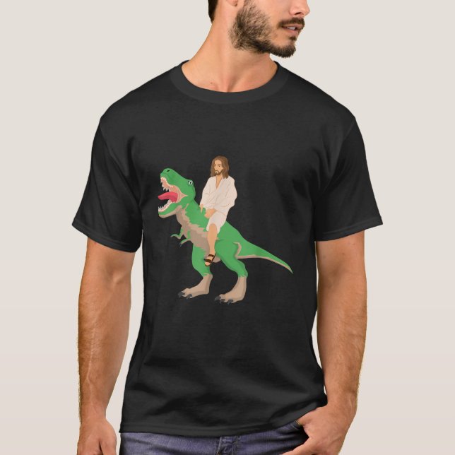 Camiseta Jesus invadindo um dinossauro Jesus (Frente)