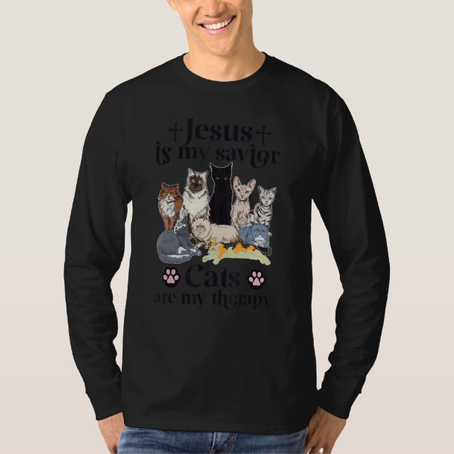 Camiseta Jesus Is My Savior Cats Are My Therapy (Frente)