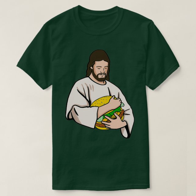 Camiseta Jesus Loves Burgers Jesus Holding A Burger (Frente do Design)