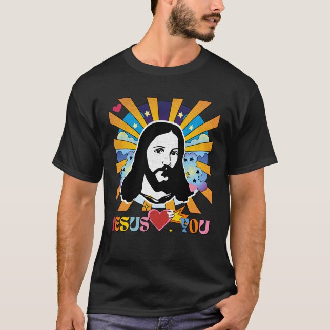 Camiseta Jesus Loves You Groovy Hippie 60s 70s Retro Rainbo (Frente)