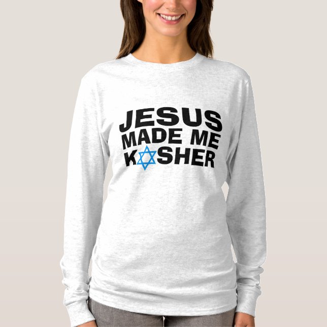 Camiseta JESUS ME FEZ KOSHER Messiânico T-Shirts judaicas (Frente)