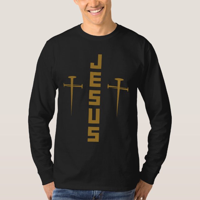 Camiseta JESUS Nail Cross Christian Faith Para Crenças GLD (Frente)