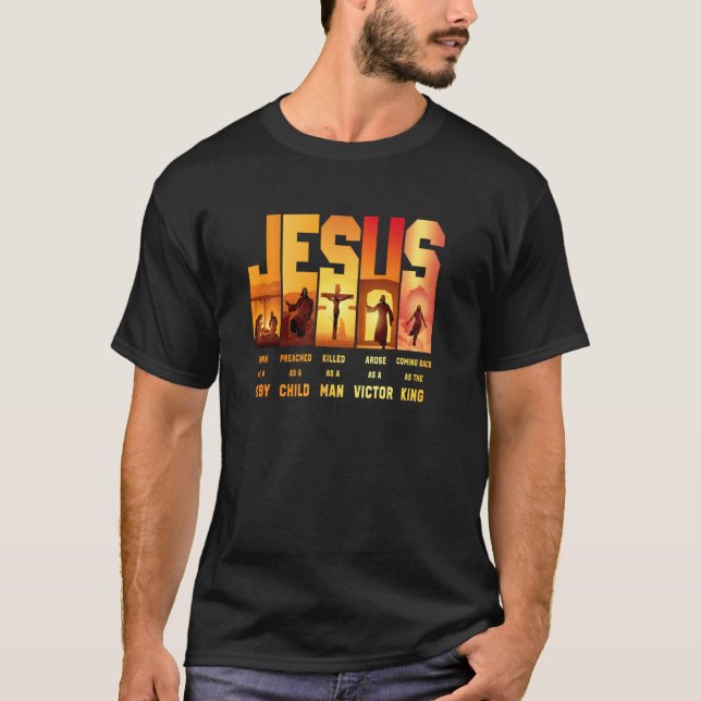 Camiseta Jesus Nascer Como Bebê Criança Matada Como Criança (Frente)