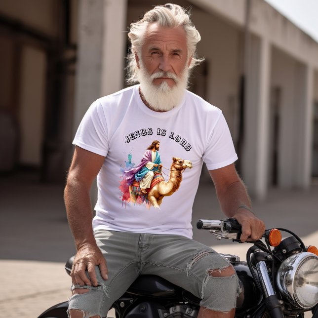Camiseta Jesus num camelo em desertos coloridos (Criador carregado)