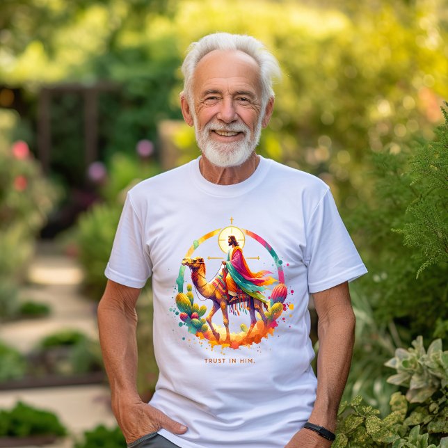 Camiseta Jesus num camelo numa paisagem desértica vibrante (Criador carregado)