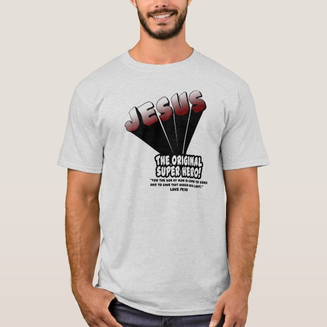 Camiseta Jesus: O 19:10 original de Luke do super-herói (Frente)