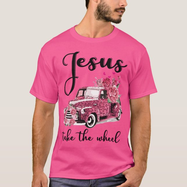 Camiseta Jesus Pega A Roda Leopardo Carro Rosa Floral Je (Frente)
