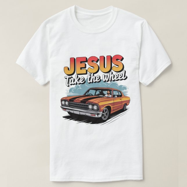 Camiseta Jesus Pega a Roda Vintage Muscle Car (Frente do Design)