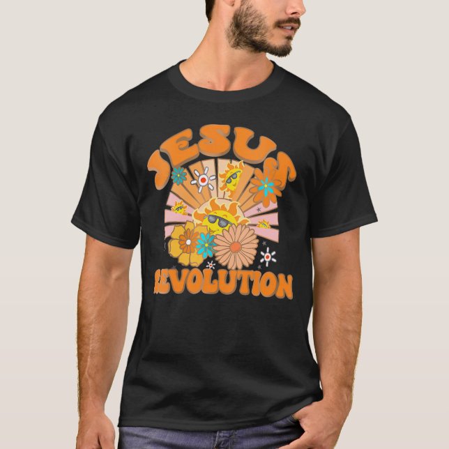 Camiseta Jesus Revolução Engraçado Christian Groovy Boho V- (Frente)