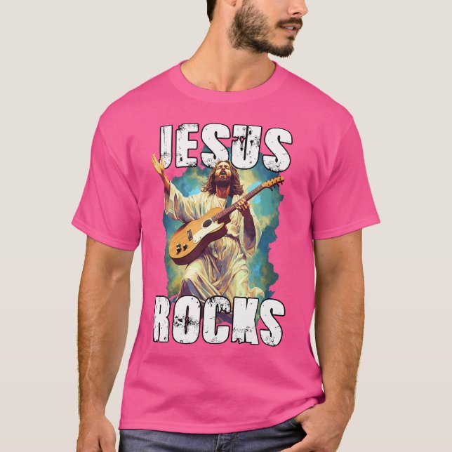 Camiseta Jesus Rocha com Violão - Rochas Cristãs Engraçadas (Frente)