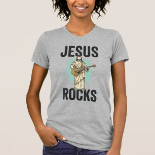 Camiseta Jesus Rocks Guitar Entalhe Cristão Vintage Des