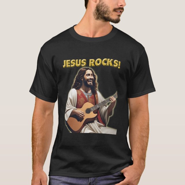 Camiseta Jesus Rocks Jesus Tocando Violão Compartilha Sua F (Frente)