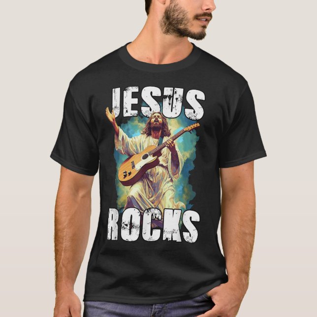 Camiseta Jesus Rocks With Guitar - Funny Christian Rocks Ch (Frente)