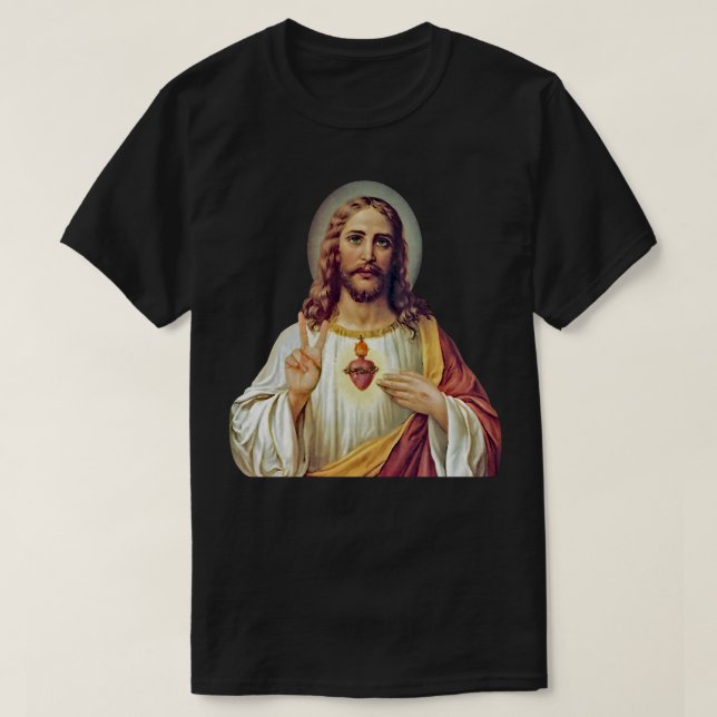 Camiseta Jesus Sagrado Cardíaco Sinal de Paz Retrato T-Shir (Frente do Design)