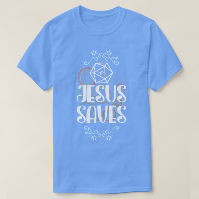 Camiseta Jesus Salva D20 Dados (Frente do Design)