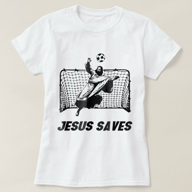 Camiseta Jesus salva Jesus salvando o goleiro do futebol (Frente do Design)