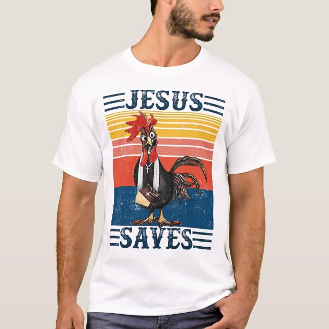 Camiseta Jesus Saves Chicken Vintage Funny Christian (Frente)