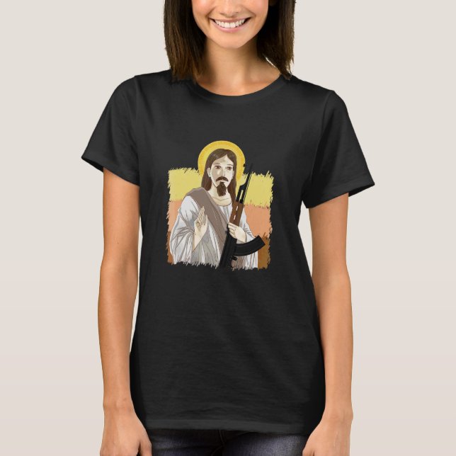 Camiseta Jesus Segurando Ak 47 Gun Metal Perigoso Ak 47 (Frente)