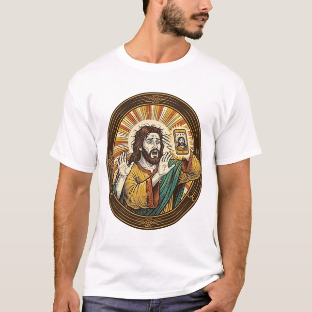 Camiseta Jesus Selfie Acidental com Câmera Frontal e Papada (Frente)