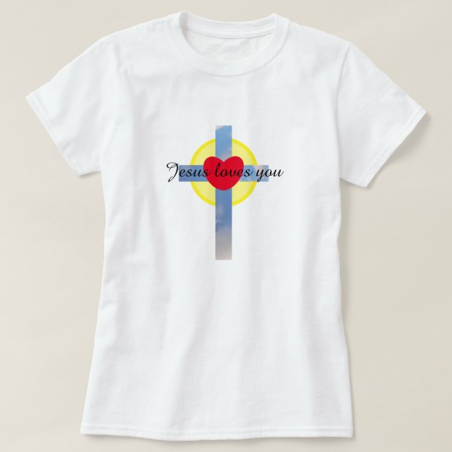 Camiseta Jesus Te Ama Coração Azul Nublado (Frente do Design)