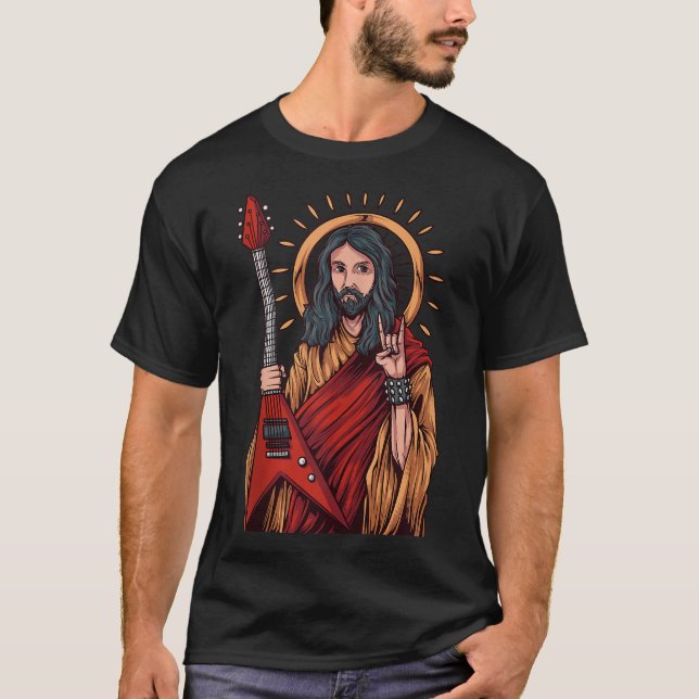 Camiseta Jesus tocando violão de metal pesado (Frente)