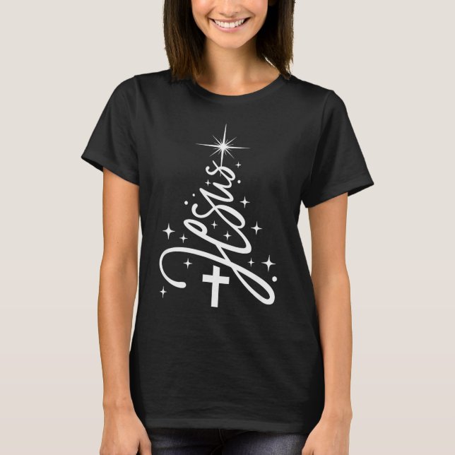 Camiseta Jesus Tree Christian Christmas Faith Snowflakes Cr (Frente)