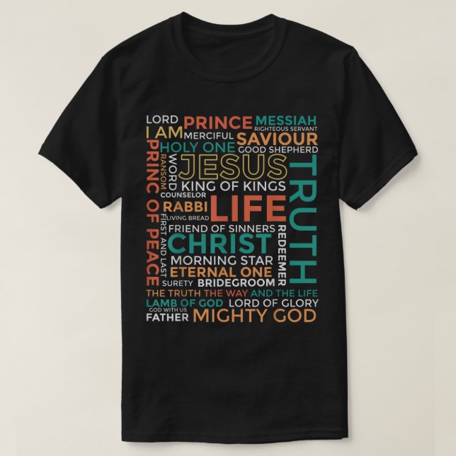 Camiseta Jesus Word Art Names of Christ Design (Frente do Design)