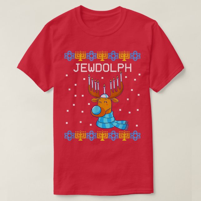 Camiseta Jewdolph Ugly Hanukkah Sweater Reindeer Menorah Ch (Frente do Design)
