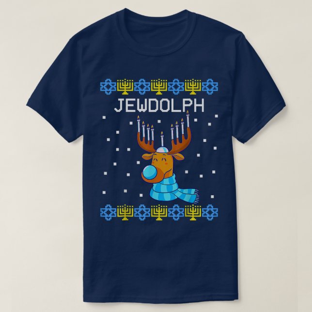 Camiseta Jewdolph Ugly Hanukkah Sweater Reindeer Menorah Ch (Frente do Design)