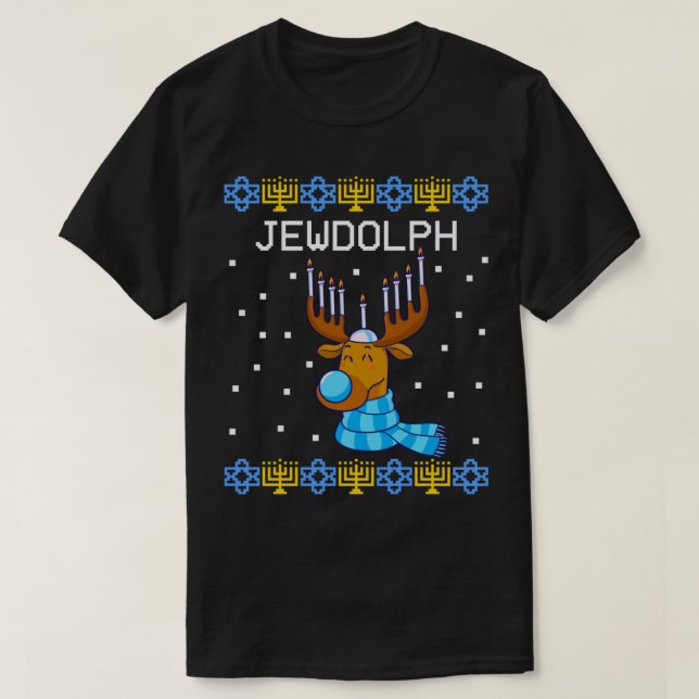 Camiseta Jewdolph Ugly Hanukkah Sweater Reindeer Menorah Ch (Frente do Design)