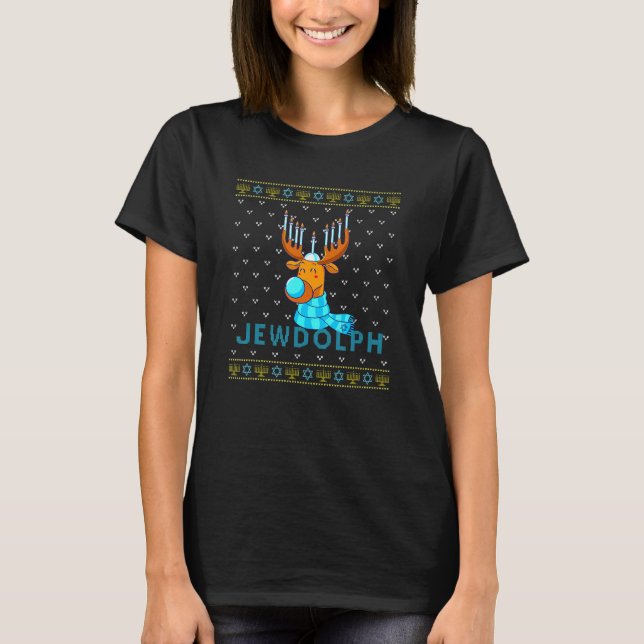 Camiseta Jewdolph Ugly Hanukkah Sweater Reindeer Menorah Ch (Frente)