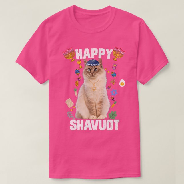 Camiseta Jewish Cat kippah Happy Shavuot Matzah Shavuot Hol (Frente do Design)