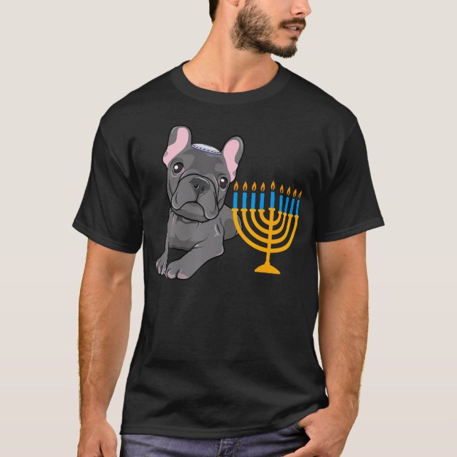 Camiseta Jewish French Bulldog Frenchie Dog Menorah Hanukka (Frente)