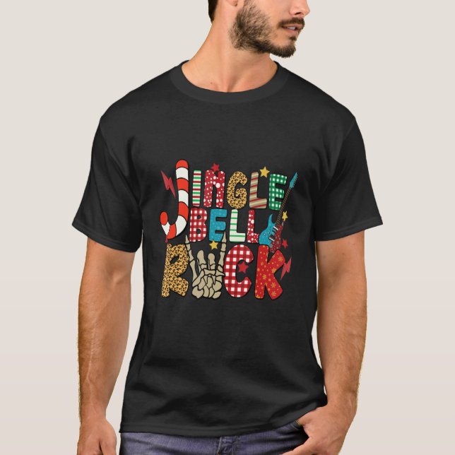 Camiseta Jingle Bell Rock Skeleton Hands Electric Guitar Ro (Frente)