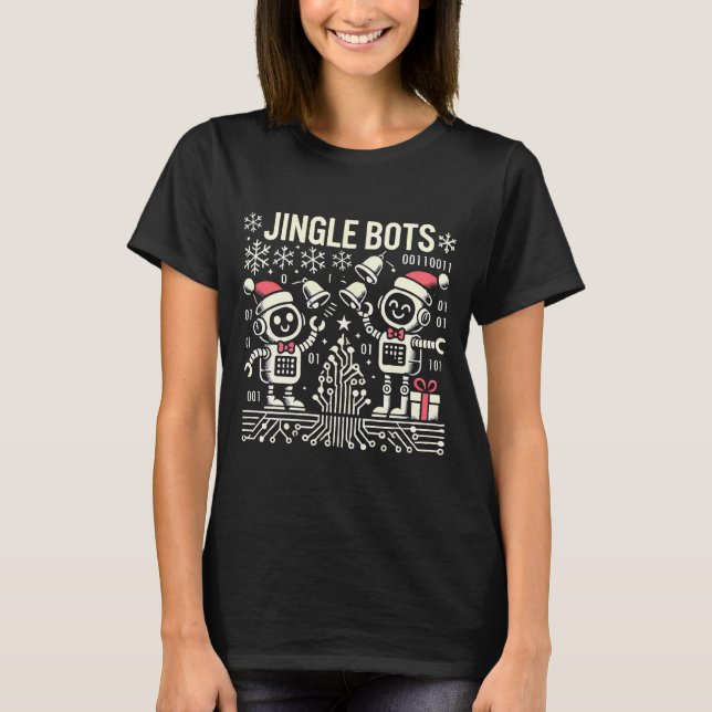 Camiseta Jingle Bots Festivos Holiday Robots com Santa Hats (Frente)