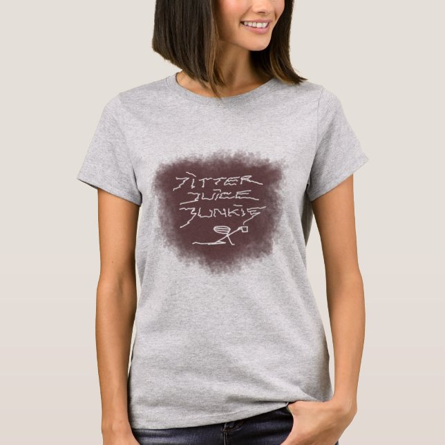 Camiseta Jitter Juice Junkie - arte transparente do café. (Frente)