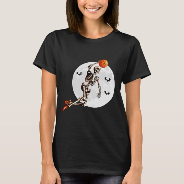 Camiseta Jogador de basquete Skeleton Dunk Lua de Halloween (Frente)