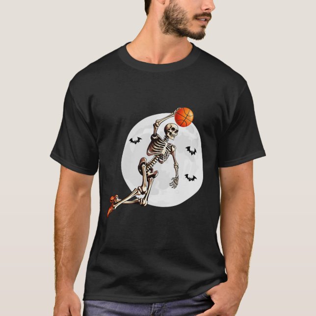 Camiseta Jogador de basquete Skeleton Dunk Lua de Halloween (Frente)