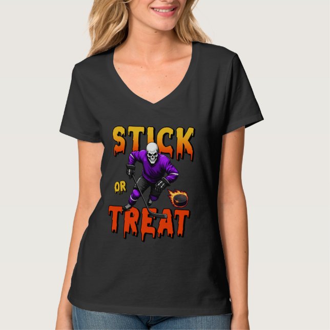 Camiseta Jogador de Esqueleto de Halloween de Stick ou Trat (Frente)