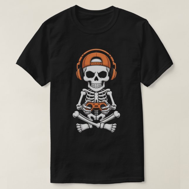Camiseta Jogador de esqueleto legal com fone e controlador (Frente do Design)
