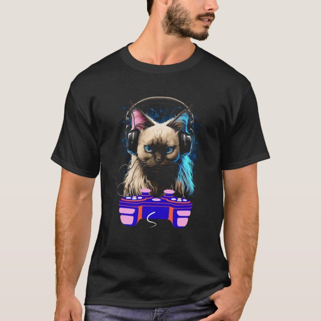 Camiseta Jogador de Gatos Balinês Homens de Vídeo Animal (Frente)