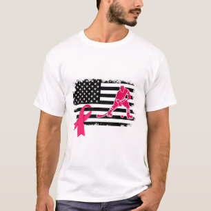 Camiseta Jogador de Hóquei Fita Rosa Bandeira EUA Câncer de