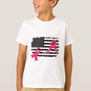 Camiseta Jogador de Hóquei Laço Rosa Bandeira EUA Câncer de