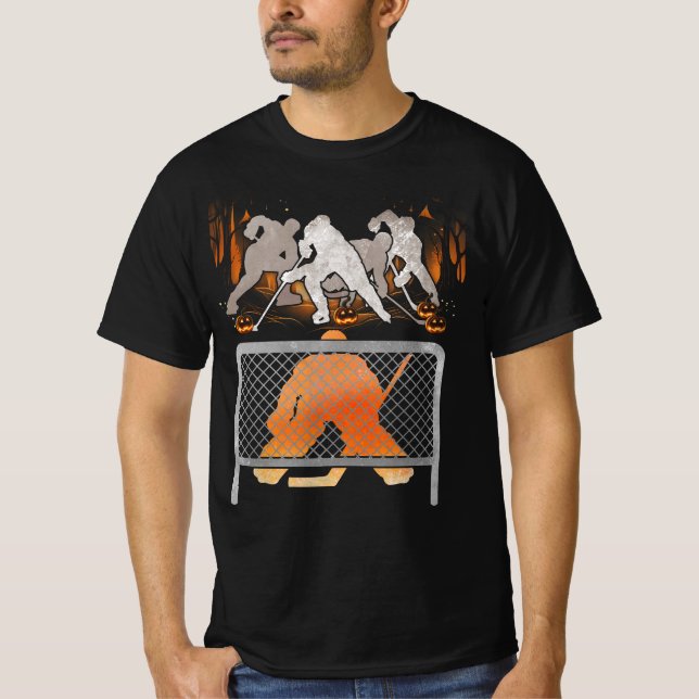 Camiseta Jogador de Hóquei no Gelo de Pumpkin Halloween (Frente)
