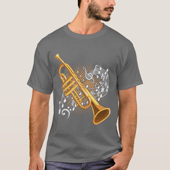 Camiseta Jogador de Trompete Notas Musicais Jazz Music Art  (Frente)
