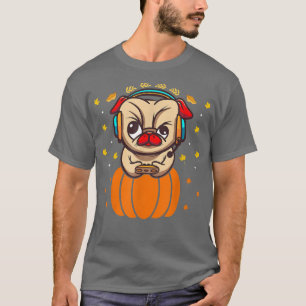 Camiseta Jogador de Vídeo de Ação de Graças Pumpkin Pug P F