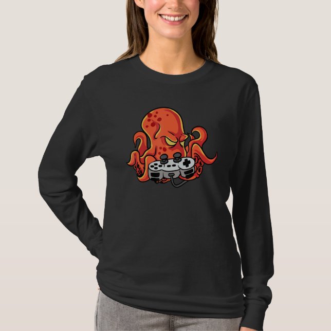 Camiseta Jogador De Vídeo Octopus Com O Console Do Controla (Frente)